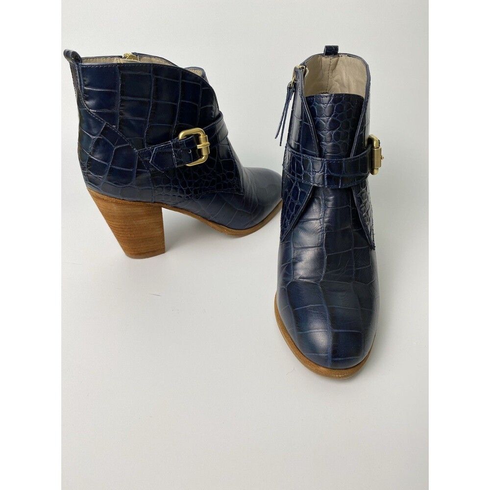 Boden Blue Leather Boho Ankle Boots Sz 38 (US 8) Gold Buckle Block Heel